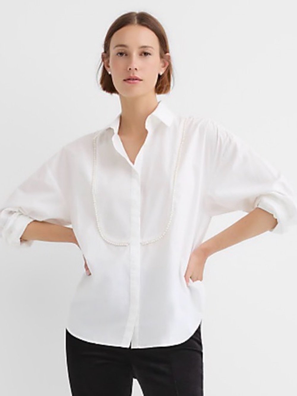 LOFT White Button-Down Blouse with Pearl Trim. XS